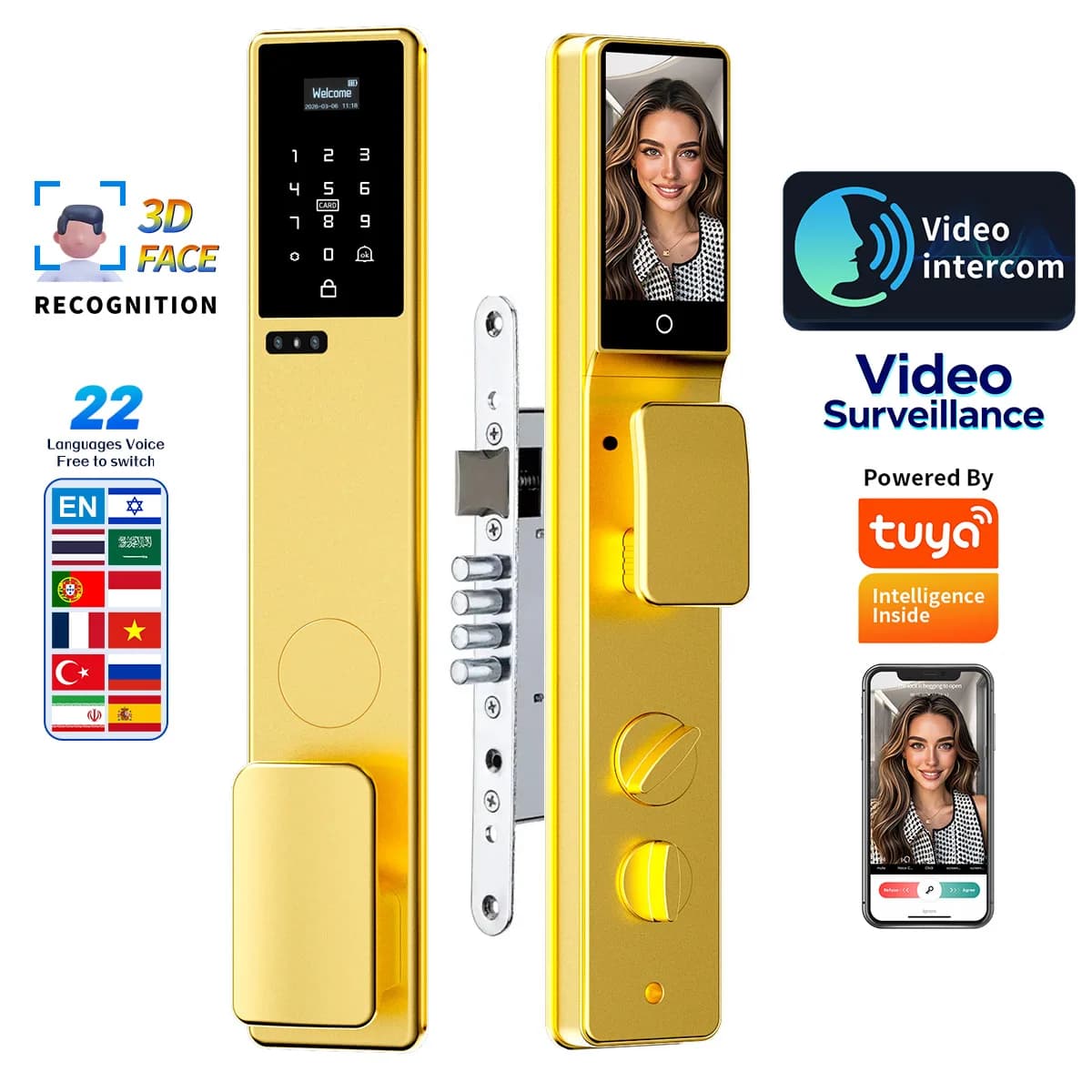 Tuya WiFi Smart Door Lock 3D Face & Palm Recognition with HD Camera Video Intercom, Fits 6590 Israeli Mortise Smart Lock