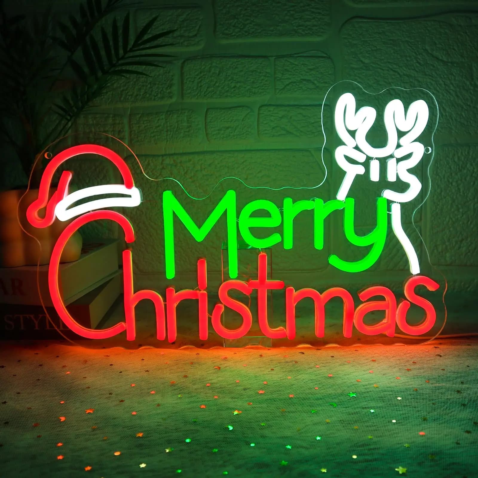Alce di Natale Cappello da Babbo Natale Insegna al neon a LED per decorazioni da parete Luce dimmerabile Camera da letto Soggiorno Casa Uomo Cave Bar Club Festa di Capodanno