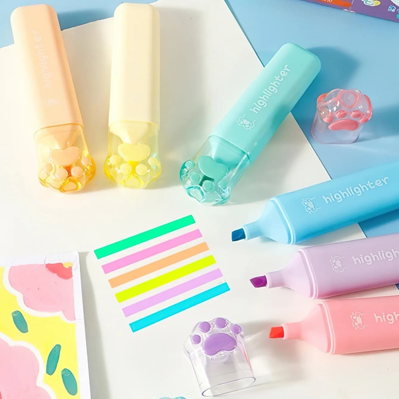 Set di 6 Evidenziatori a Tema Zampa di Gatto con Colori Macaron, Punta Carina a Forma di Zampa, per Libri da Colorare e Disegno A3324