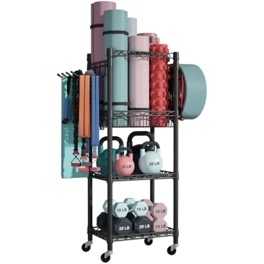 Home Gym Storage 3 Tiers Workout Equipment Organizer with Wheels for Yoga Mats Foam Roller Dumbbells Kettlebells and Resistance