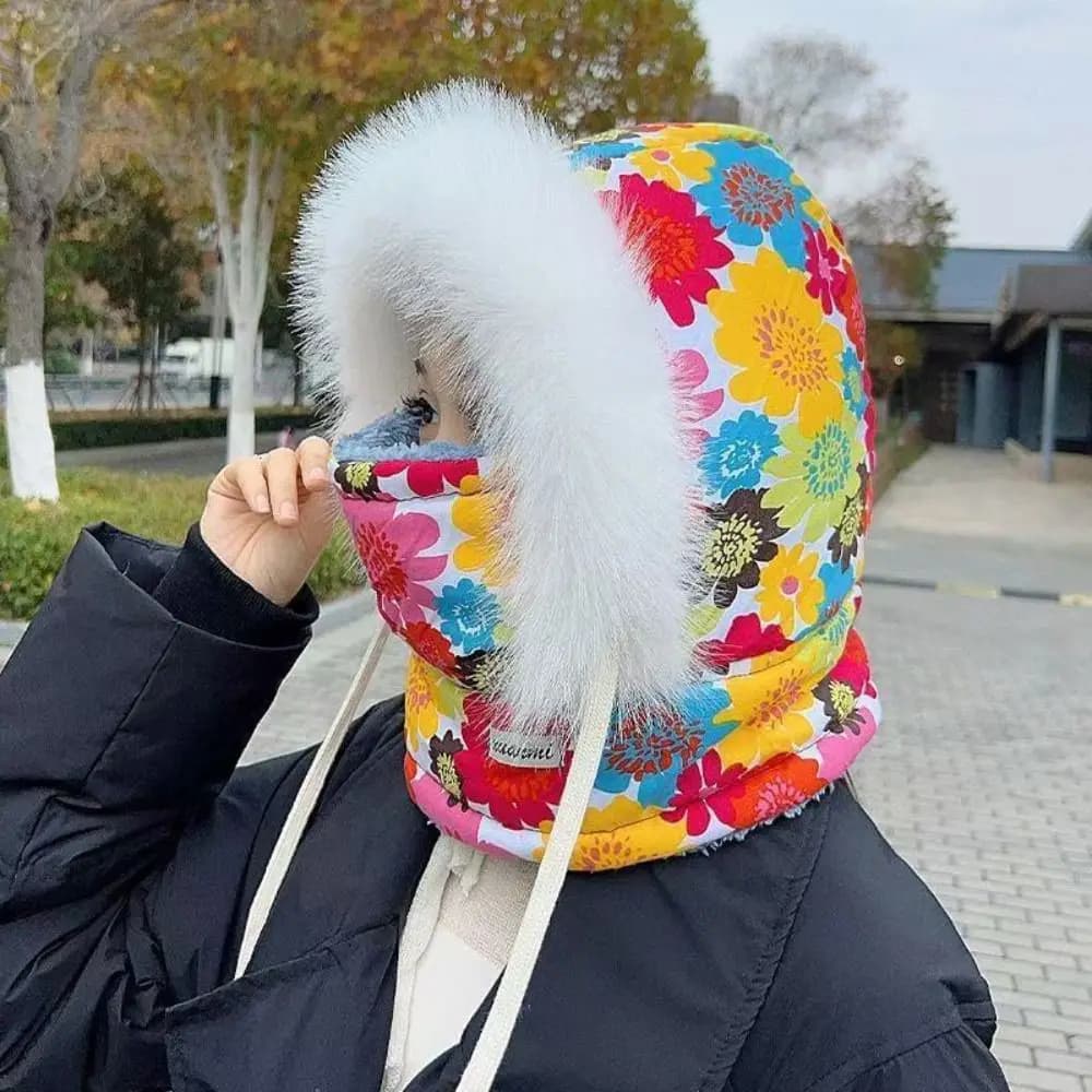 Windproof 3-in-1 Winter Cycling Hat Flower Print Plaid Warm Scarf Face Mask Cold Resistant Neck Warmer Lei Feng Hat Outdoor