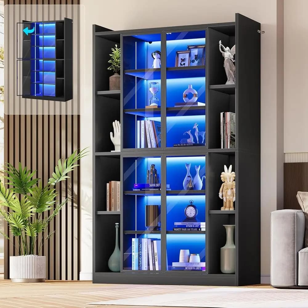6-Tier Black Acrylic Glass Display Cabinet with LED Lights and Adjustable Shelves for Collectibles