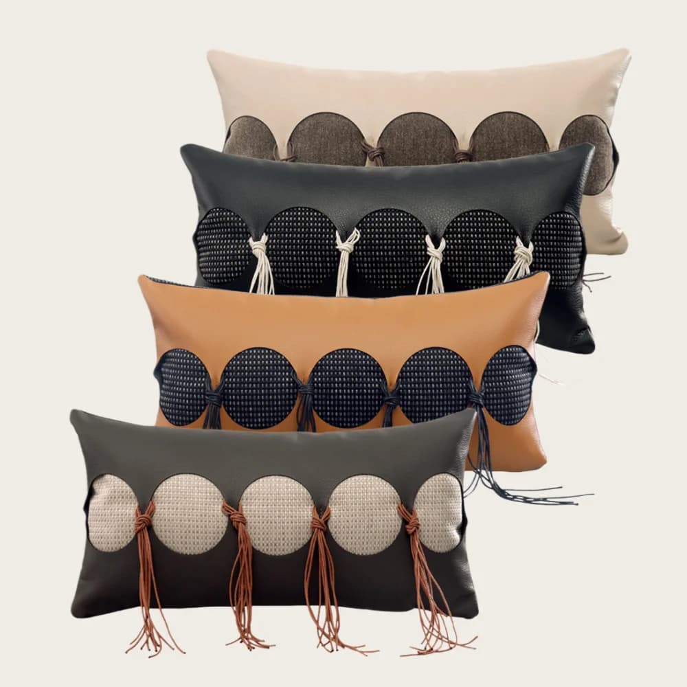 Cushion cover for sofa with lumbar pillowcase in luxury style embossed eco-leather with backrest for pillow with circular pattern with tassel