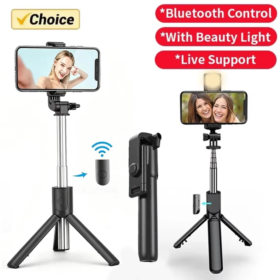 Extendable Selfie Stick Tripod with Bluetooth Remote And Light Wireless Stand for iPhone Mobile Phone Live Streaming
