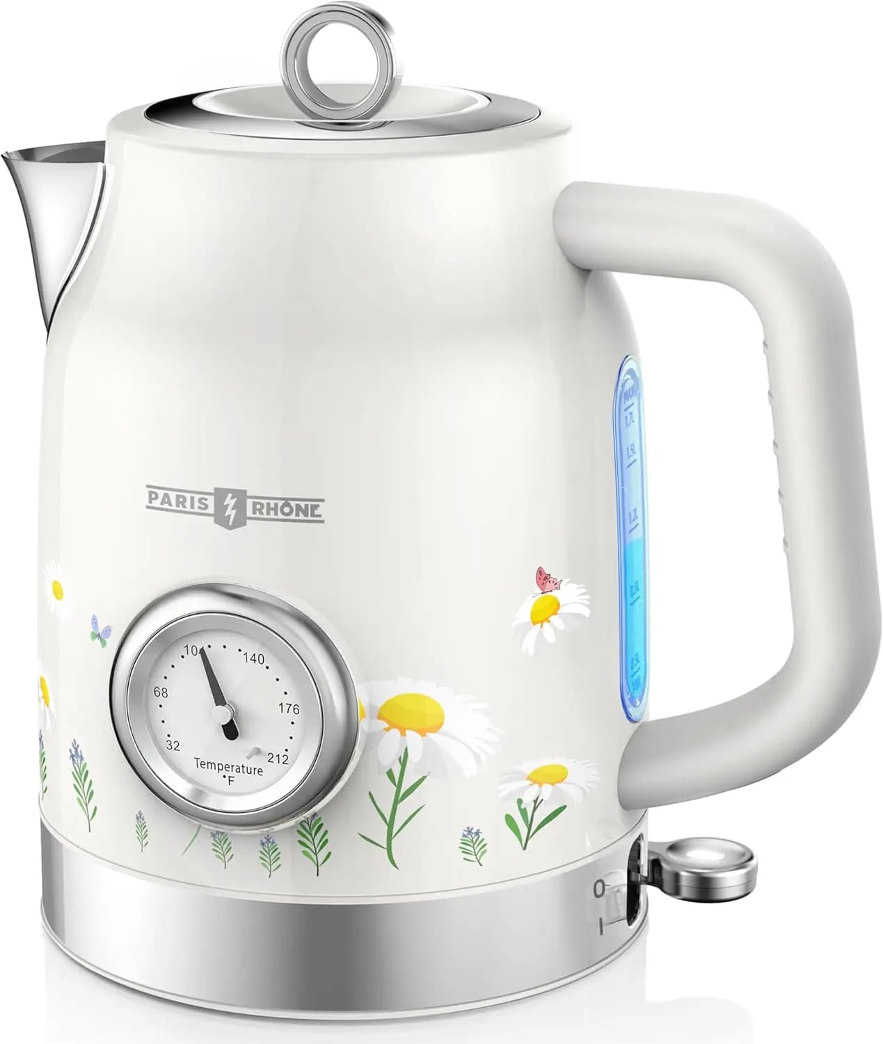 Bollitore Elettrico Retrò, 1.7L Riscaldamento Rapido con Termometro, Design Senza Fili, Indicatore LED e Spegnimento Automatico