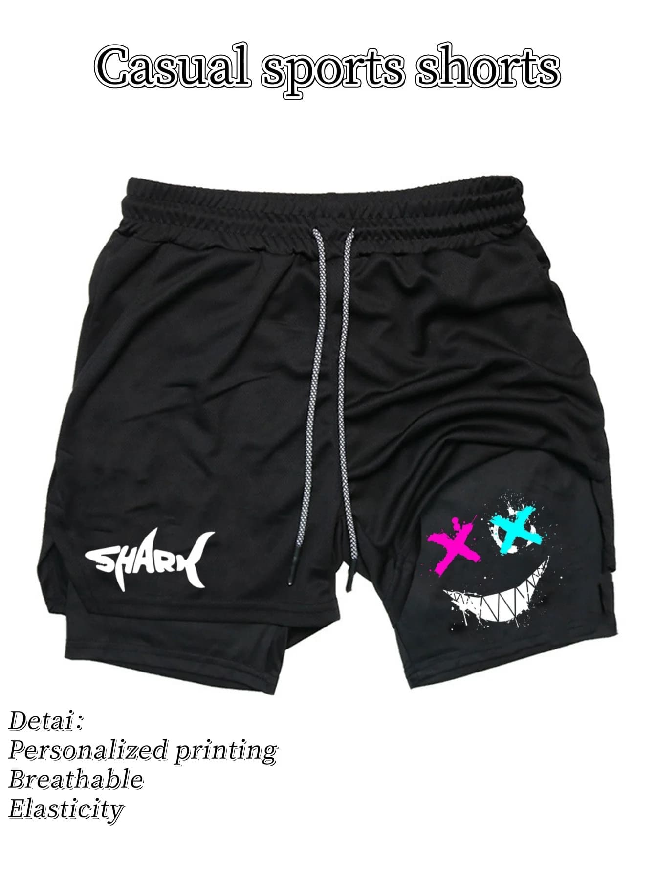 Pantaloncini sportivi da uomo estivi 2026 alla moda, casual, a doppio strato, per corsa e allenamento, con stampa fantasia squalo e motivo Happy, ideali per la palestra