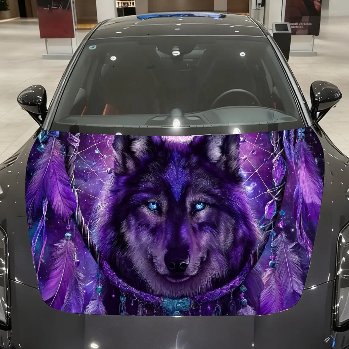 Fantasy Purple Starry Sky Dreamcatcher Wolf Car Vinyl Wrap, PVC Material Waterproof Car Hood Sticker, Self-Adhesive Scratch-Resi