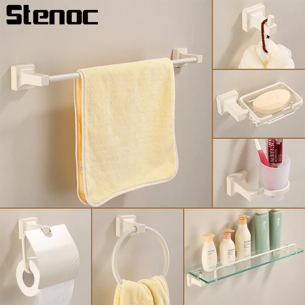 White Bathroom Accessories Bathroom Hardware Set Wall Mount Aluminum Clothes Hook Toilet Paper Holder Towel Bar Hardware Pendant