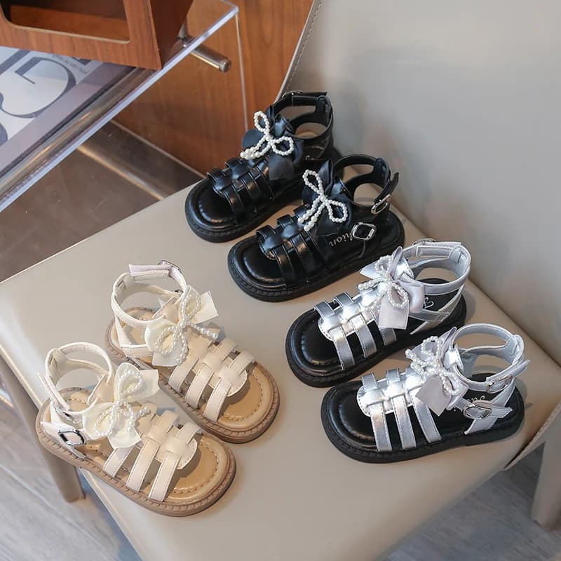 Sandali Romani per Bambine con Perle e Fiocco, Scarpe Estive da Spiaggia con Suola Morbida
