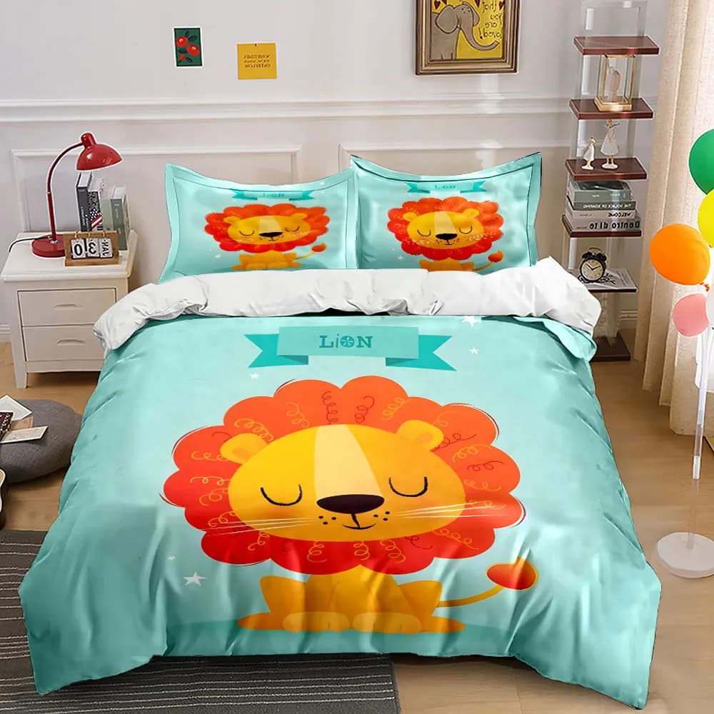 Set di biancheria da letto con stampa di un leone calmo in stile cartone animato, morbido e confortevole, include 1 copripiumino e 2 federe.
