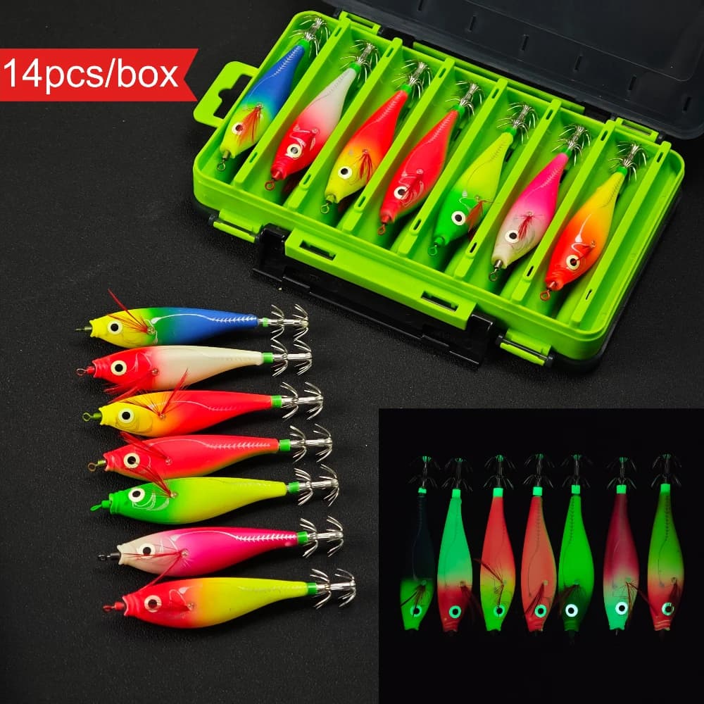 Set of 14 10 cm horizontal artificial baits for squid with tool box, set Luminous Egi, shrimp-shaped wooden baits, artificial baits for sepias, octopus and squid