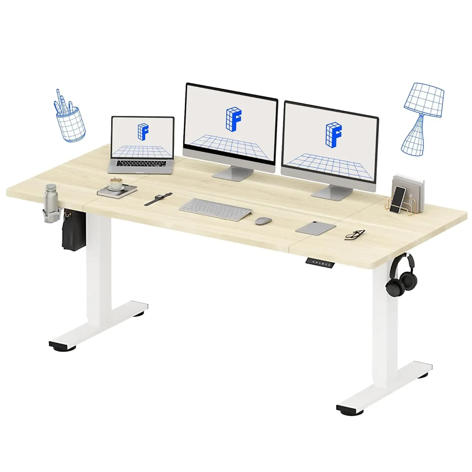 Scrivania Elettrica Regolabile in Altezza 71x32 Pollici con Gestione Cavi, Portabicchieri e Gancio, per Ufficio Domestico, Bianco Effetto Legno, Personalizzabile