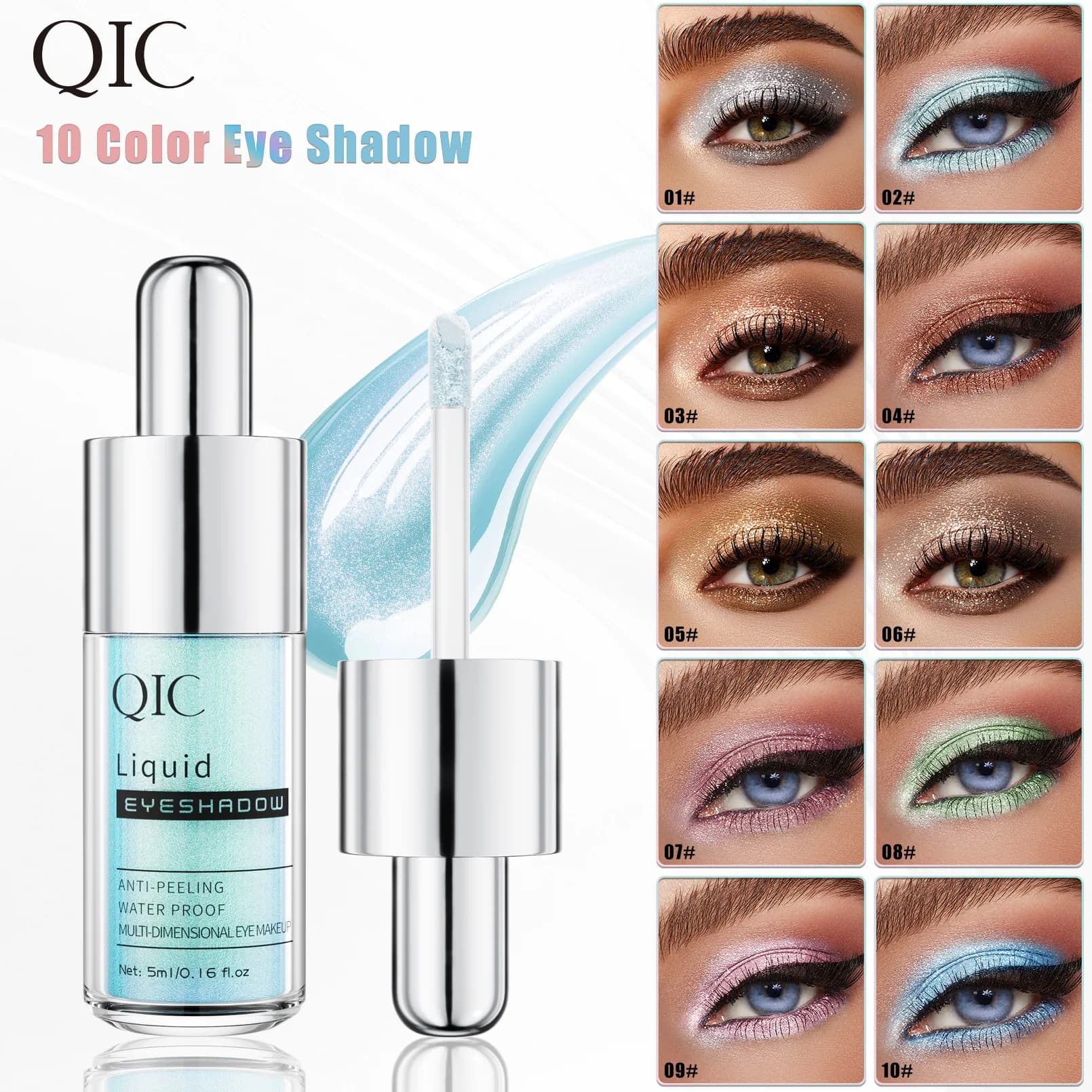 Ombretto liquido QIC a 10 colori – Glitter e brillantini, finitura iridescente camaleontica, scintillio fine e perlescente, flacone con contagocce facile da usare