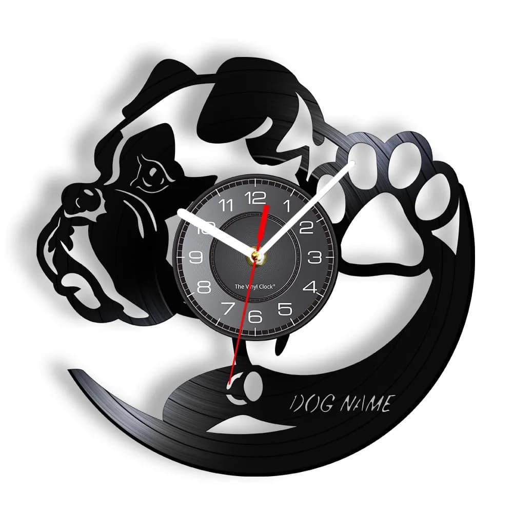 Orologio da Parete Personalizzato con Cane Pug per Negozio di Animali, Orologio da Parete in Vinile con Nome Personalizzato della Razza di Cane, Orologio Decorativo per la Casa a Tema Album Musicale