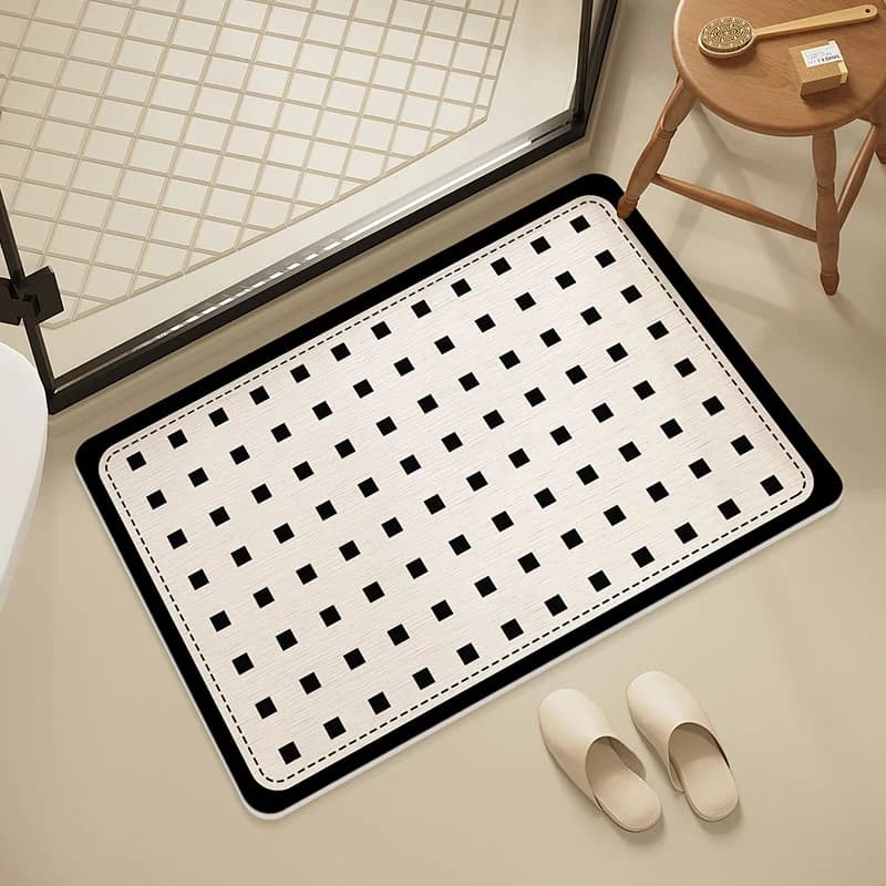 VIKAMA Minimalist Neutral Black Square Dot Bath Mat Simple Grid Print Non Slip Water Absorbent Rug Bathroom Tub Aesthetic Decor