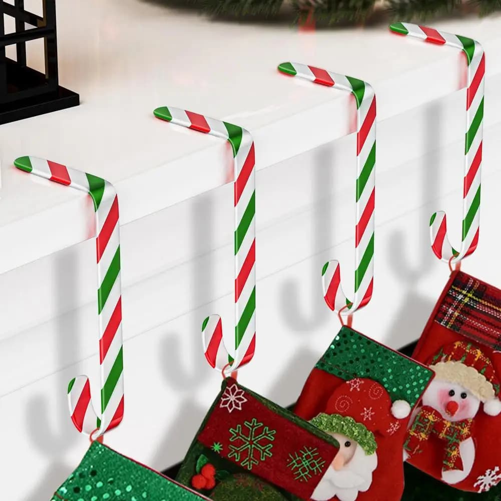 Decorazioni festive per le vacanze, bastoncini di zucchero, ganci per calze natalizie per mensola, supporti antiscivolo per camino, decorazioni per feste festive