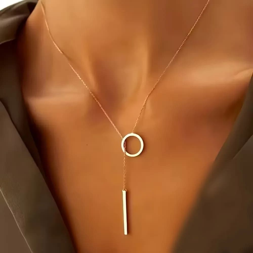 Exquisite Simple Stainless Steel Hollowed Circle Vertical Bar Y Drop Pendant Necklace for Women Fashion Birthday Party Jewelry