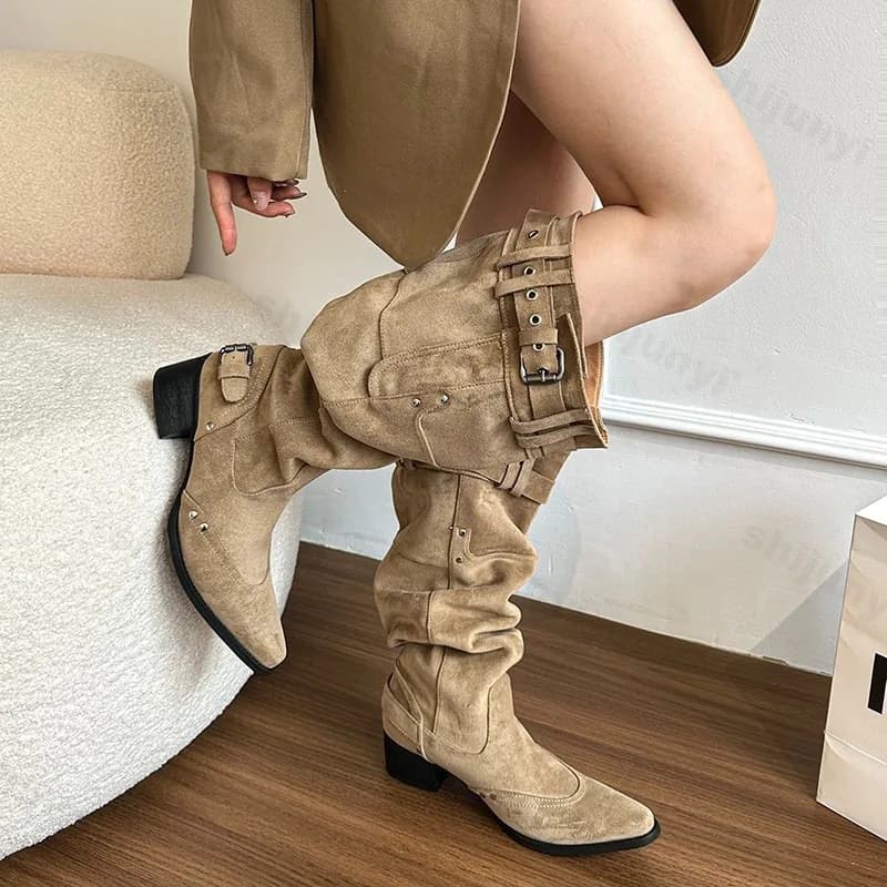 Stivali alti da donna Scarpe a punta firmate Scarpe moda Tacchi alti Scarpe eleganti robuste 2025 Tendenza autunnale Botas da moto da donna