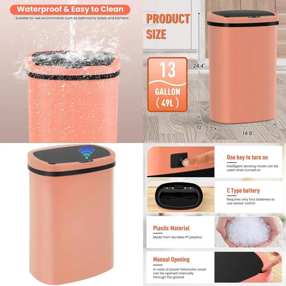 Cestino per Rifiuti con Sensore Senza Contatto da 50L, Bidone Impermeabile per Cucina con Controllo degli Odori - Plastica PP Rosa