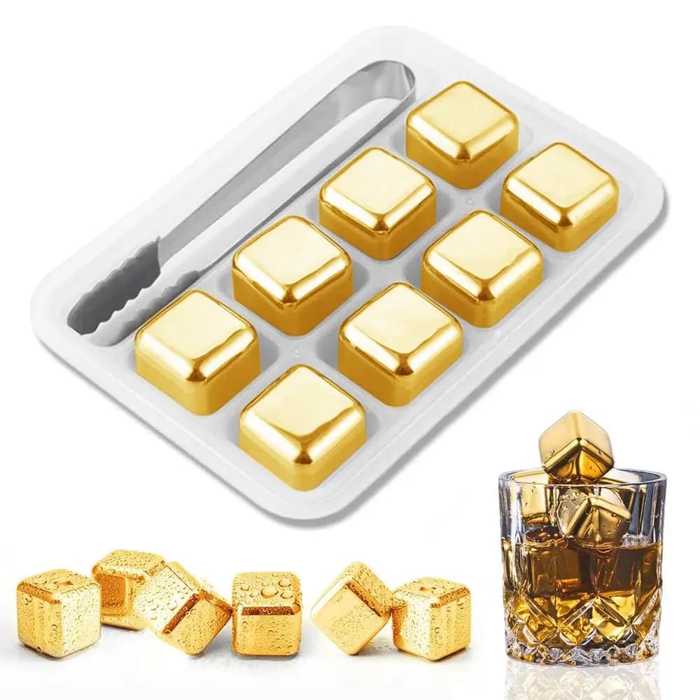 Rocce rinfrescanti in metallo dorato e argentato Cubetti di ghiaccio riutilizzabili Cubetti di ghiaccio in acciaio per whisky Acciaio inossidabile 304 e con scatola di immagazzinaggio per vodka