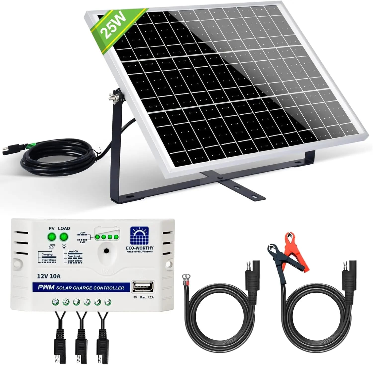 Kit Caricabatterie Solare 25W 12V con Pannello Impermeabile, Supporto Regolabile, Cavo SAE e Regolatore 10A per Auto, Camper, Barca