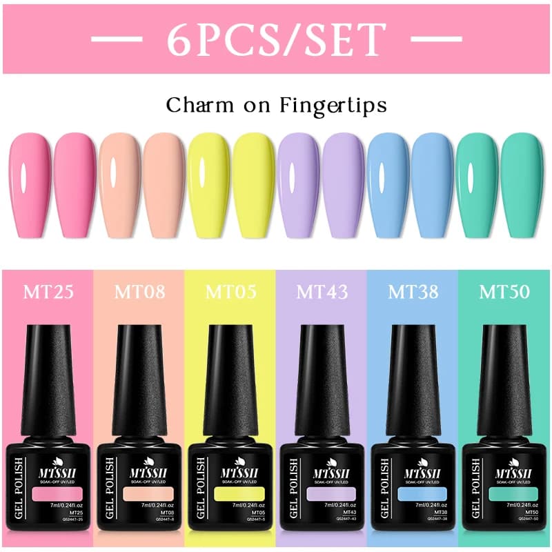 Mtssii 6 pz/set Macaron Color Gel Nail Polish Set Kit estate 6 colori UV LED Nail Art Gel Vernis Base Semi permanente Top Coat