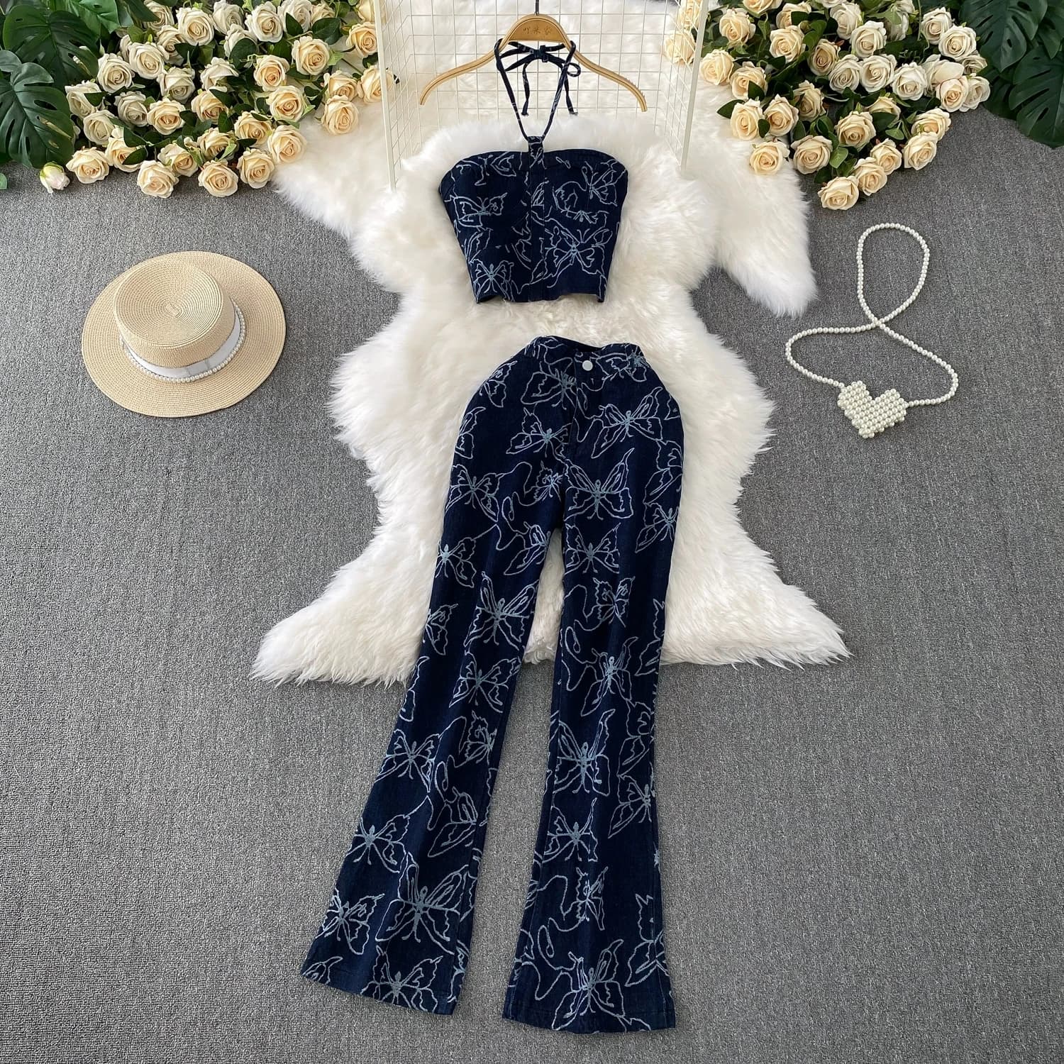 Abito da donna con pantaloni in denim stampato Top con scollo all'americana con stampa a farfalla + set di abbigliamento da vacanza con jeans skinny a vita alta