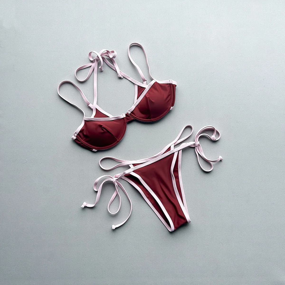 Set bikini sexy patchwork push-up micro a due pezzi con laccetti all'americana e perizoma, costumi da bagno, biquini, tankini, trikini