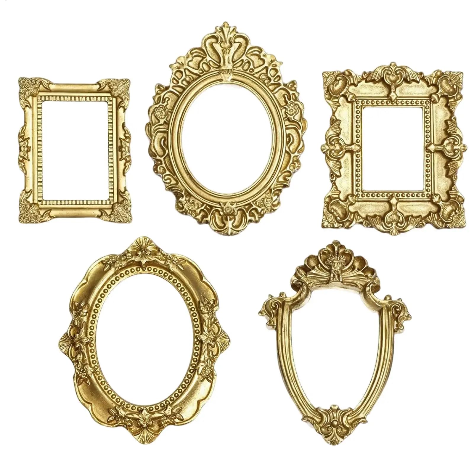 5 cornici vintage mini, eleganti cornici in resina dorata in stile barocco, da parete, per matrimoni, Natale, decorazioni per la casa
