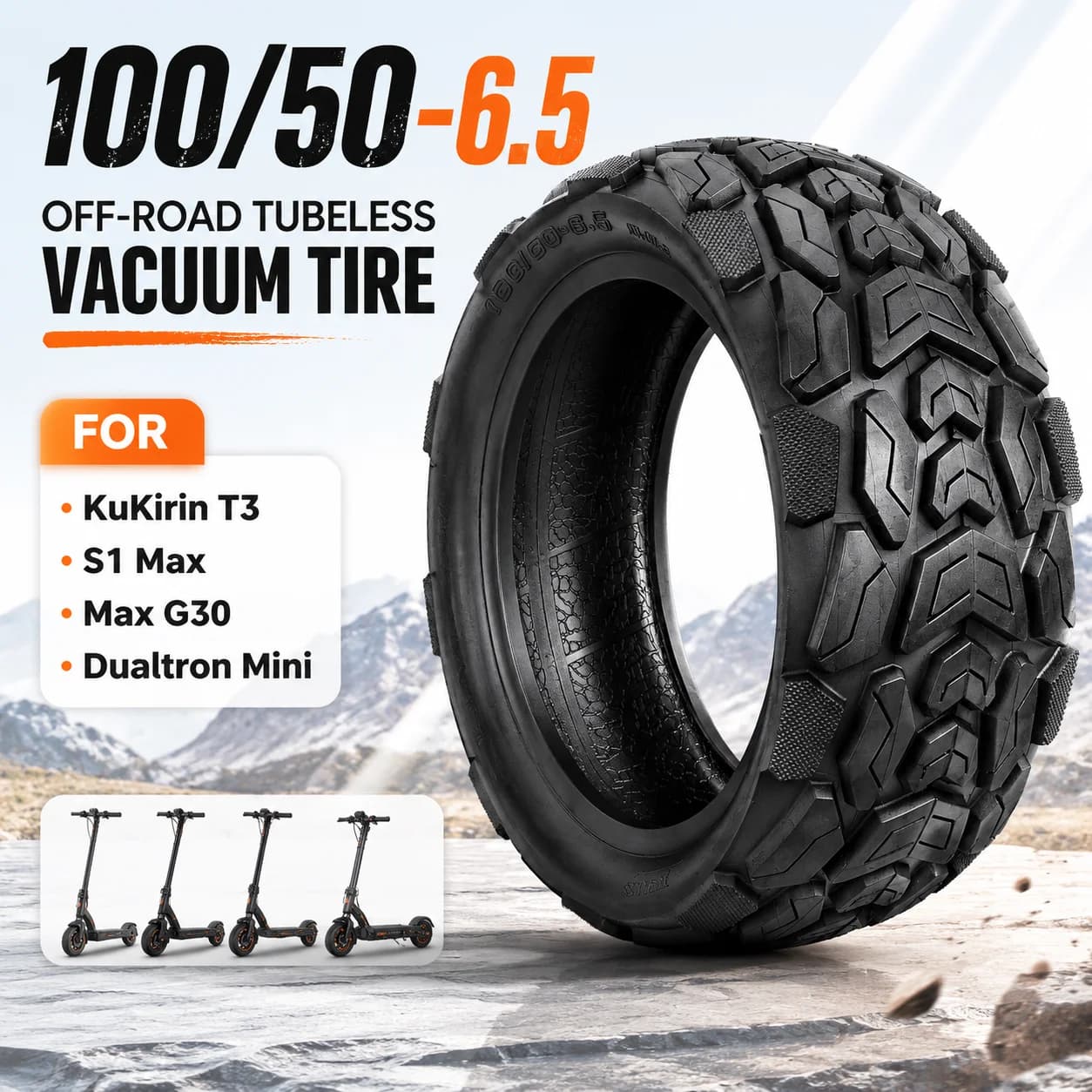 100/50-6.5 Thick Deep Tread Off-Road Tubeless Vacuum Tire for KuKirin T3 S1Max G30 Dualtron Mini Electric Scooter Replacement