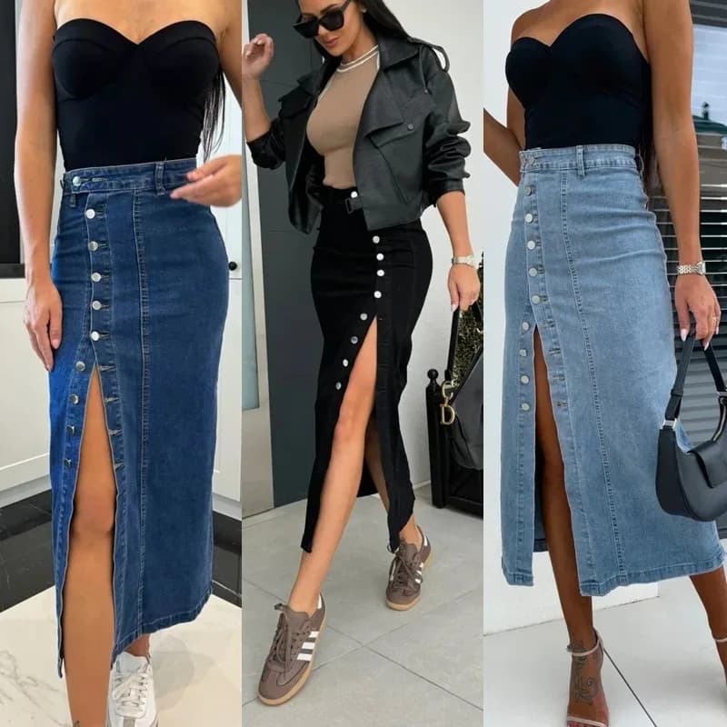 Street Wear Women Vintage Denim Skirt Split Irregular High Waist Slim A Line Single Breasted Washed Distressed Sexy Long Skirts