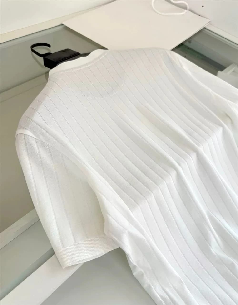 Italian BC Henry Neck Knitted Sweater Men's White Striped Slim-Fit Short Sleeve T-Shirt