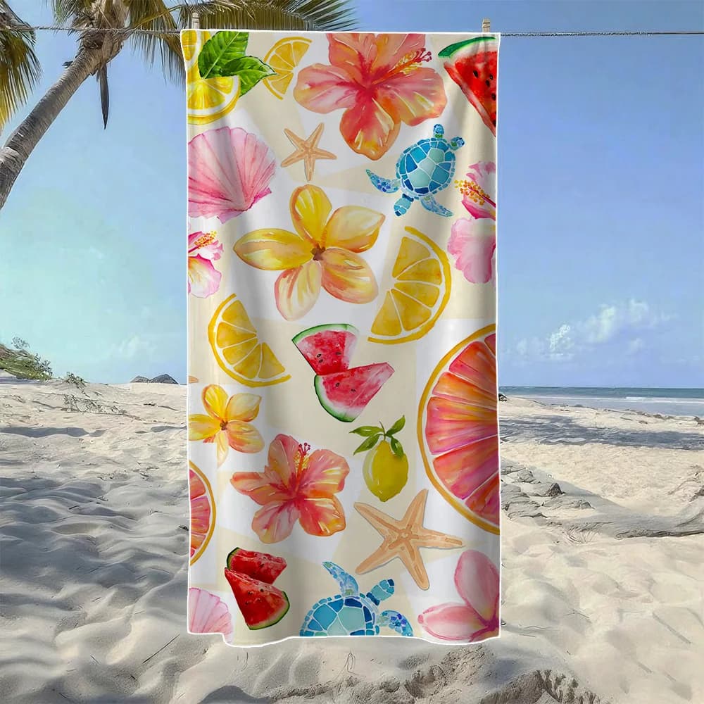 Telo mare con motivi di frutta tropicale, fiori e conchiglie, morbido e ad asciugatura rapida, perfetto per viaggi all'aperto, campeggio e spiaggia estiva