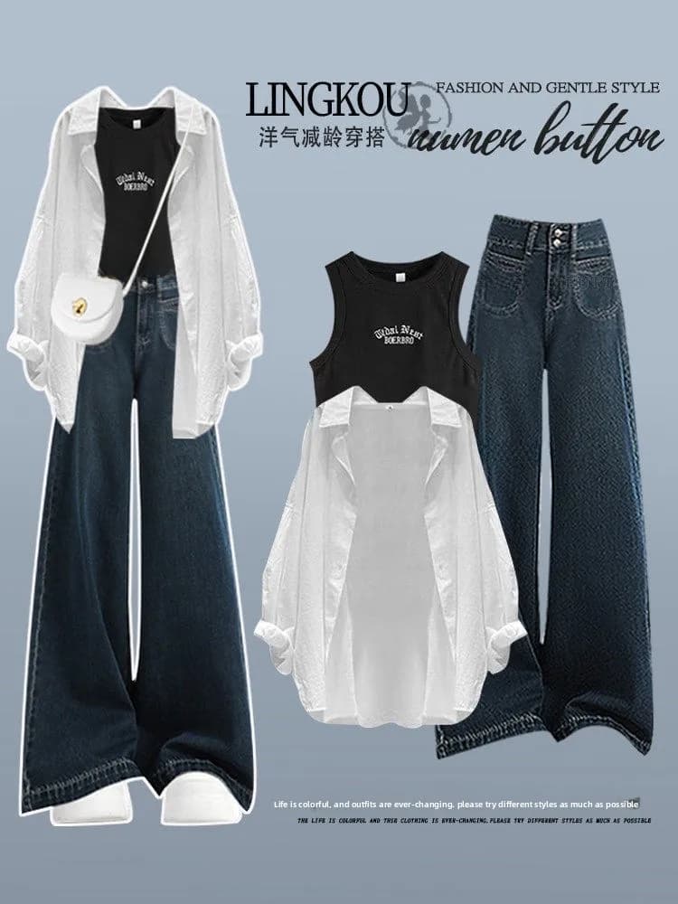Set Estivo Casual Stile Coreano per Donna, Jeans a Vita Alta e Gamba Larga, Completo Tre Pezzi con Camicia e Gilet Stampato alla Moda
