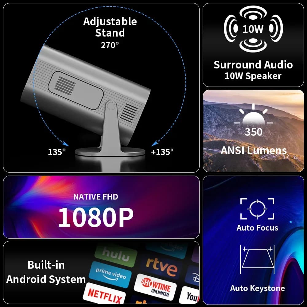 Mini proiettore nativo portatile 1080P Smart Home Theater LED 4K 8K Android Videogioco esterno Telefono tascabile mobile Cinema Wifi BT