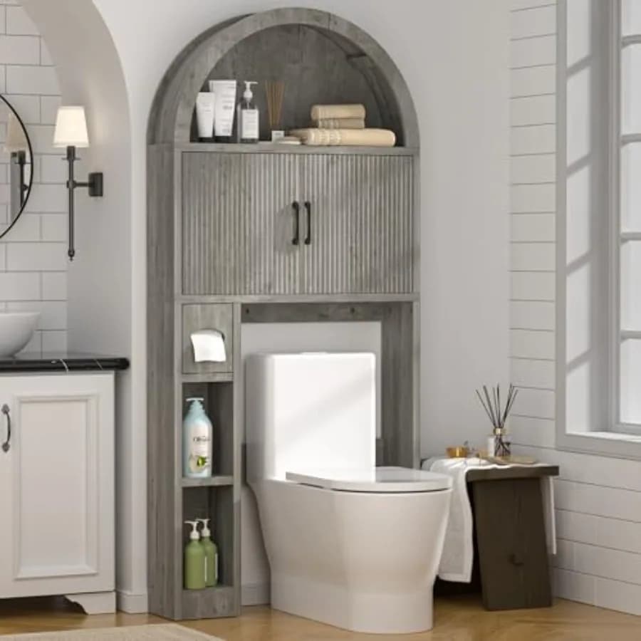 Mobiletto portaoggetti da bagno sopra il WC, scaffale organizer grigio autoportante con porta carta igienica e dispositivo anti-ribaltamento