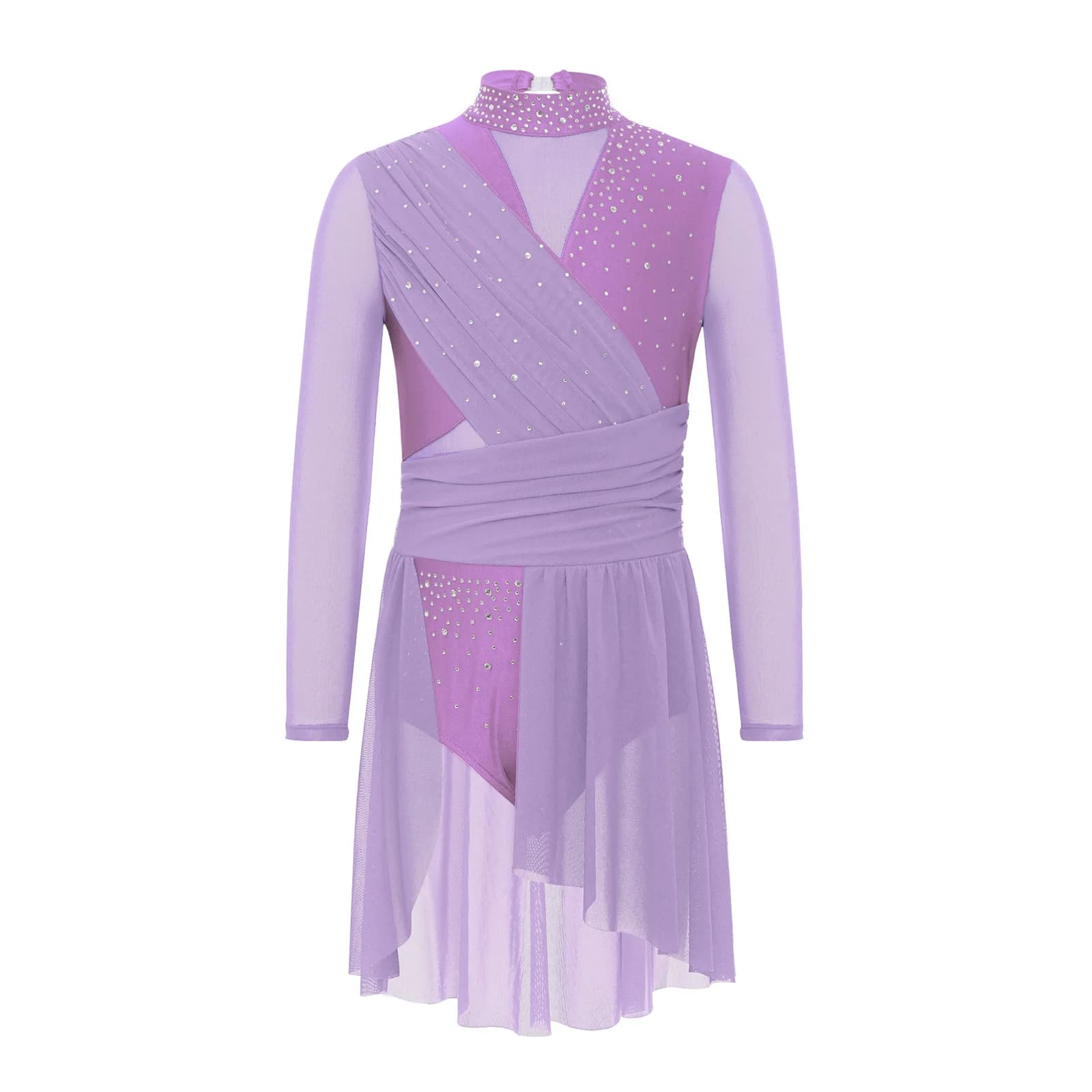 Abito da ballo per balletto lirico per bambina, manica lunga, ritaglio sul retro, spacco laterale, maglia trasparente, increspato, scintillante, body da pattinaggio su ghiaccio