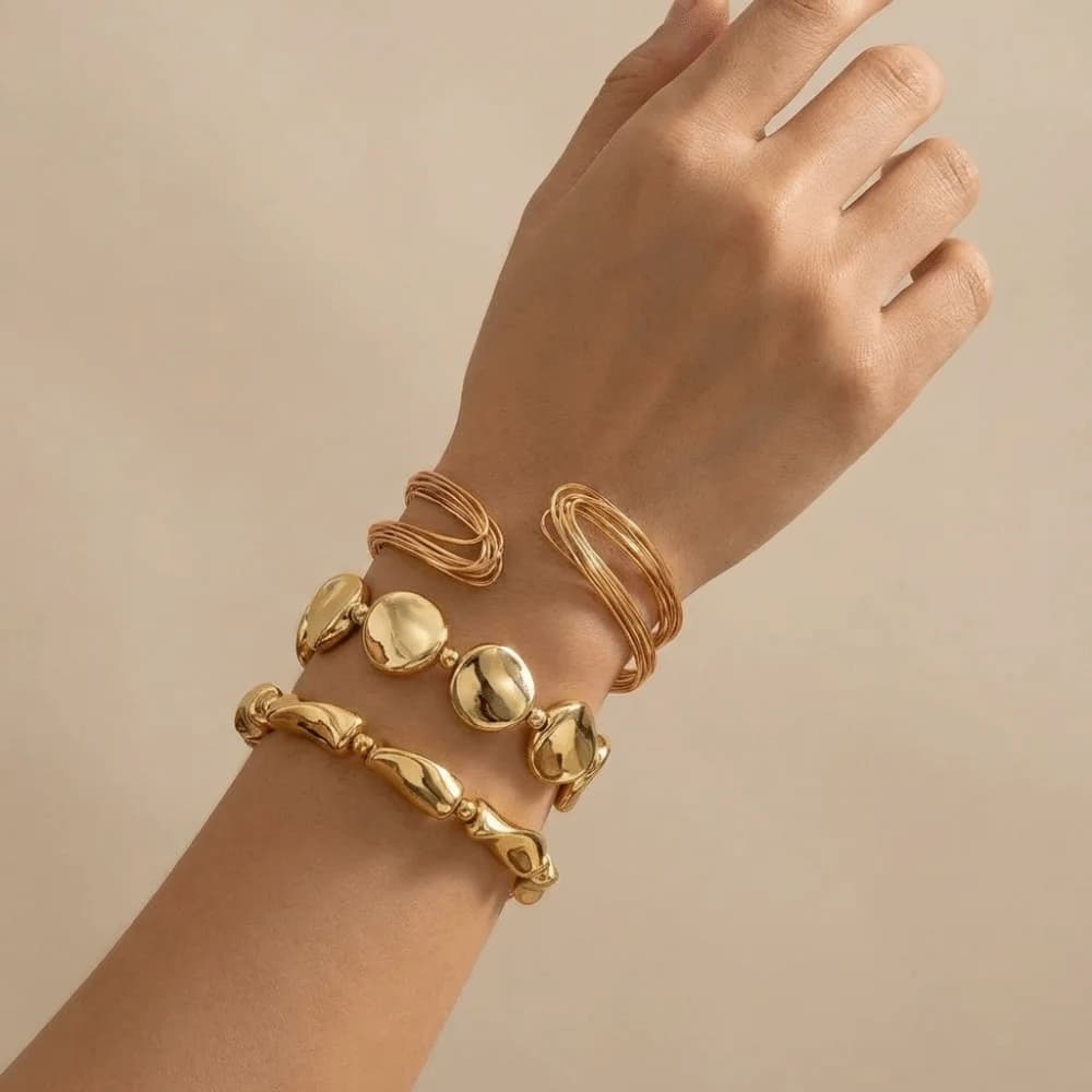 Set di 3 Bracciali Geometrici Intrecciati alla Moda, Braccialetti Metallici Esagerati, Set di Bracciali Classici Punk Irregolari per Donne