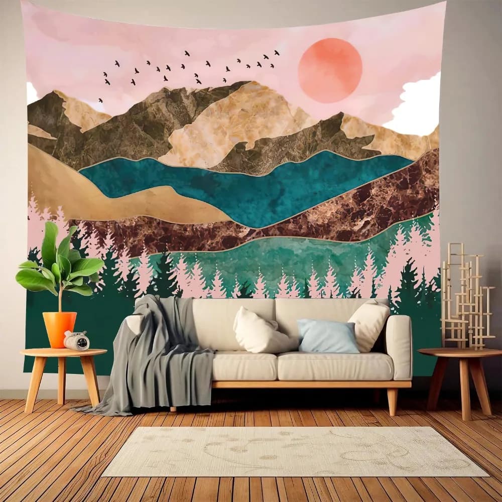 Mountain Tapestry Forest Tree Sunset Nature Landscape Tapestry Abstract Art Room Decoration Background Wall Cover