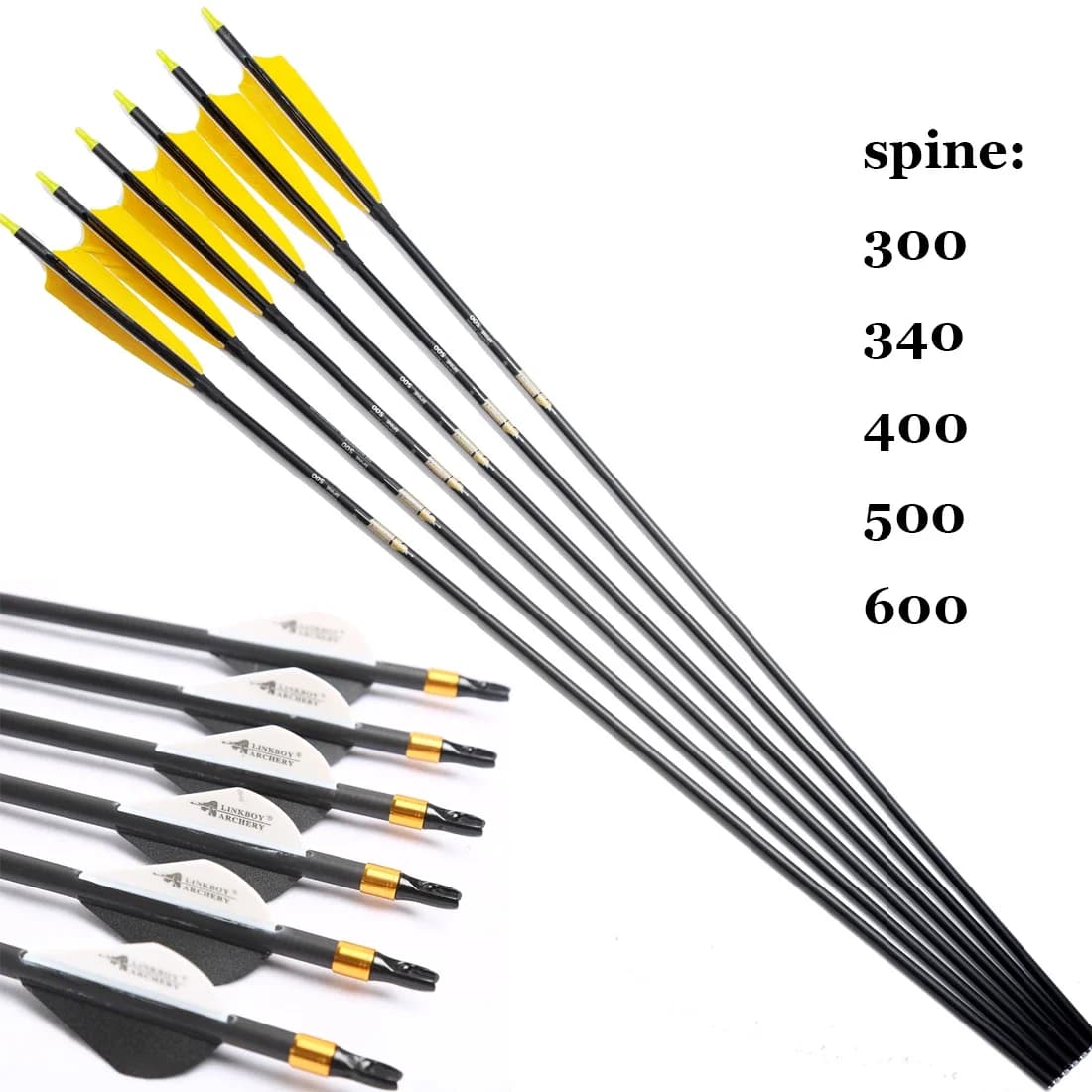 Linkboy-Flecha in puro carbonio con piuma di tacchino, caccia con arco tradizionale, Spine300, 340, 400, 500, 600, 5 pollici, punte da 100 g, 12 pezzi