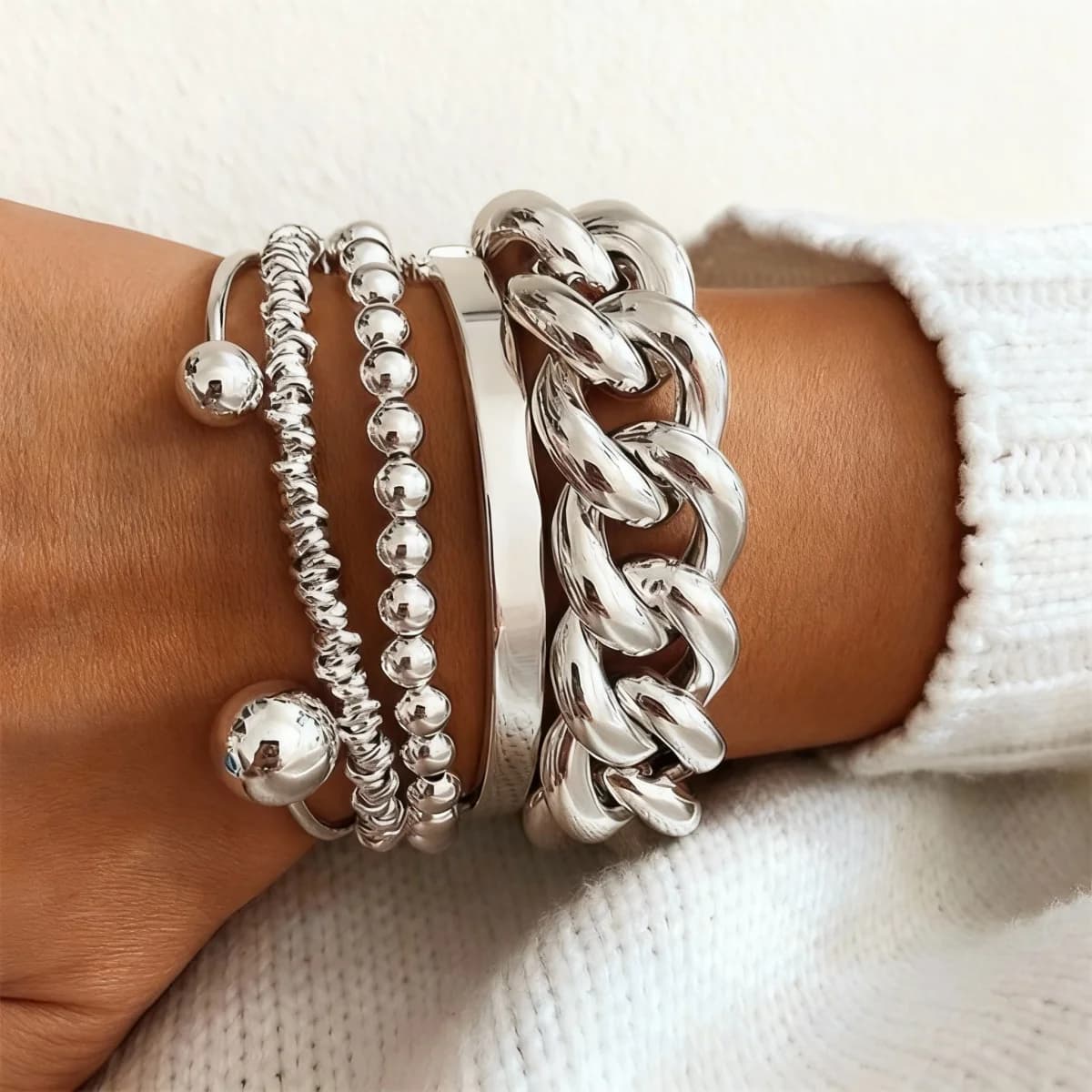 Set di bracciali aperti con catena spessa esagerata e perline CCB irregolari per donna e uomo, impilabili, multistrato, stile punk Y2K.