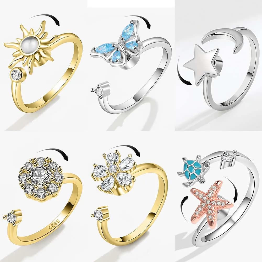 Anello Antistress Girevole Girasole da Donna, Anelli Aperti Regolabili con Animali Carini, Farfalla, Tartaruga, Bague Antistress