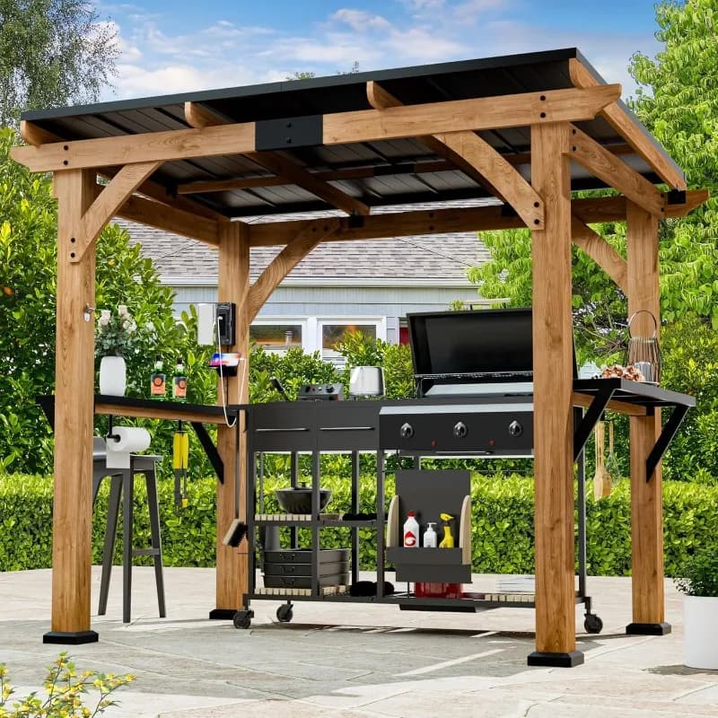 Gazebo Moderno con Griglia Ombreggiante 6' X 8', Gazebo in Legno di Cedro con Ripiani e Portarotolo, Bar da Esterno con Tetto in Acciaio Zincato