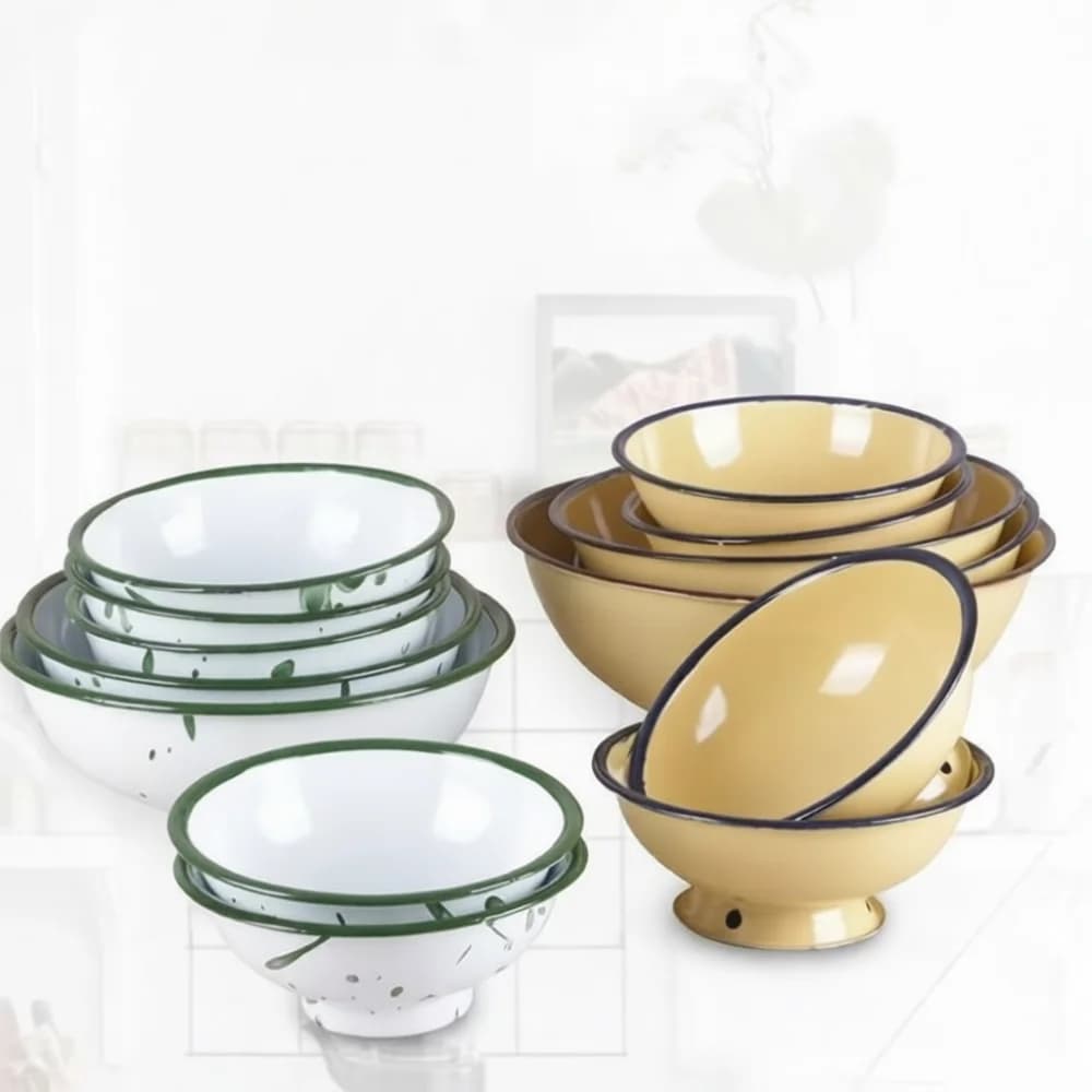 Classical Enamel Bowl High Base Retro Yellow Pattern Anti Scald Design Kitchen Tableware Food Container For Home Use