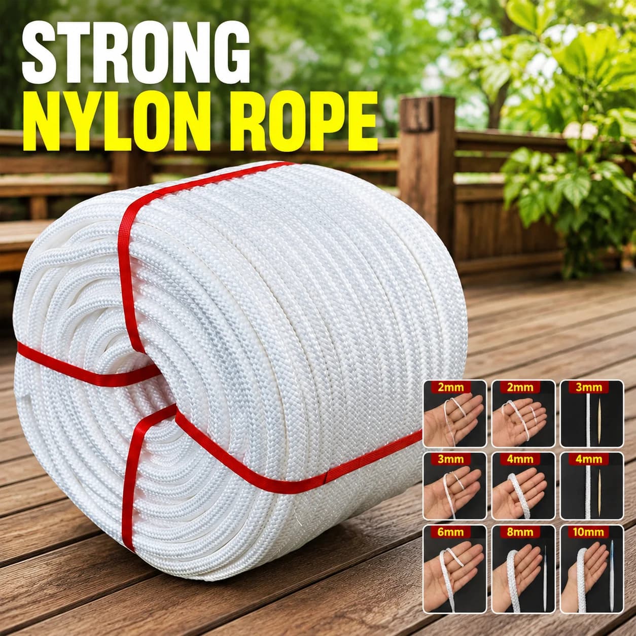 White Braided Nylon Rope Heavy‑Duty Binding Cord for Outdoor Tension Fastening Tent Fixing Greenhouse Planting Support Quilt