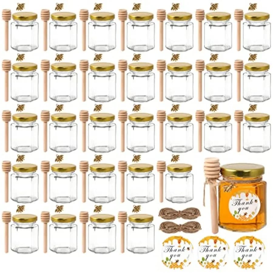 3 oz Mini Honey Jars - 30 Pack Hexagon Glass Jars with Wood Dippers Gold Lids Bee Pendants Jutes Stickers for Wedding Favors Pa