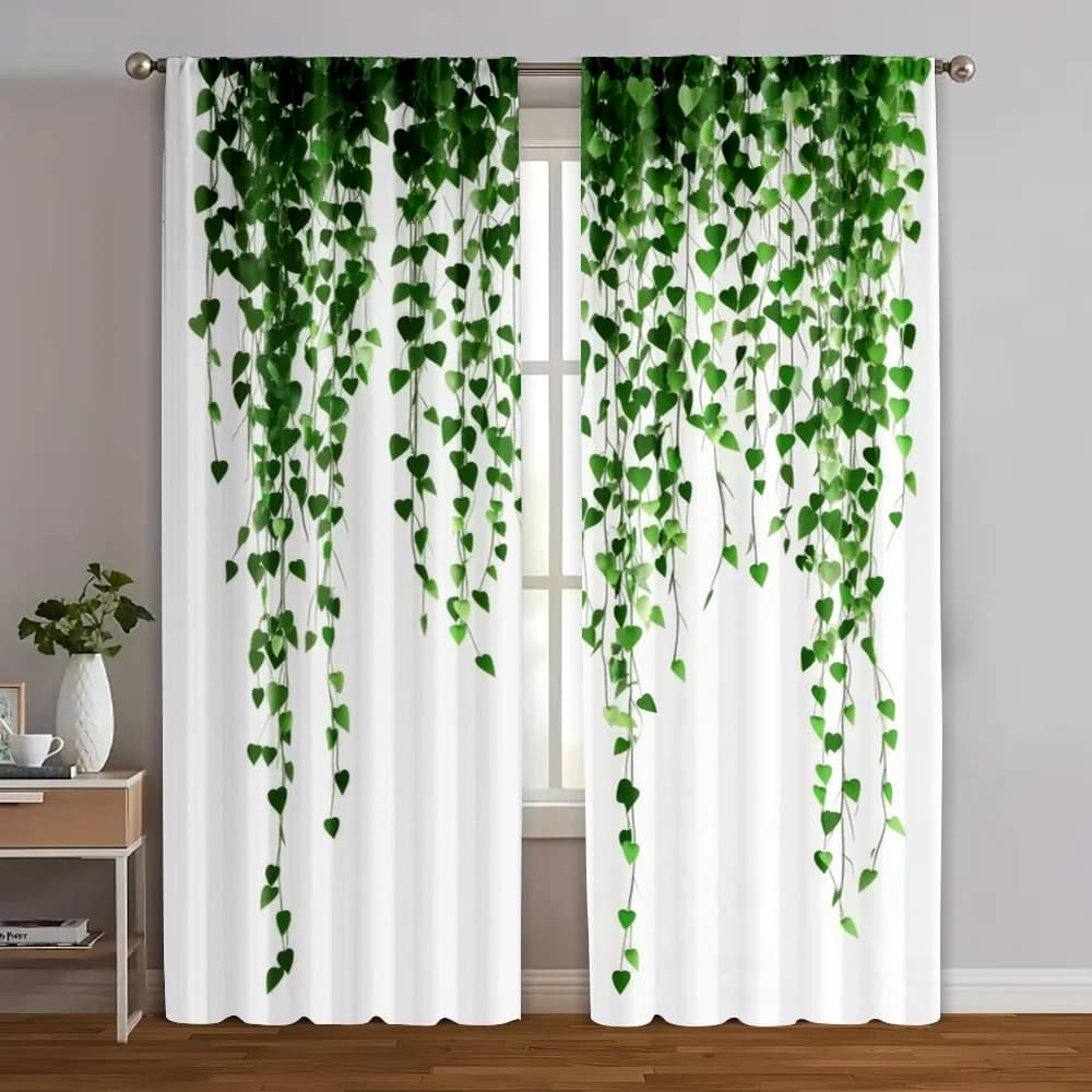 2 pieces, curtains with print pattern 2D Rattan green washing machine (without rod) Ldeal outdoor decorations for living room, bedroom and