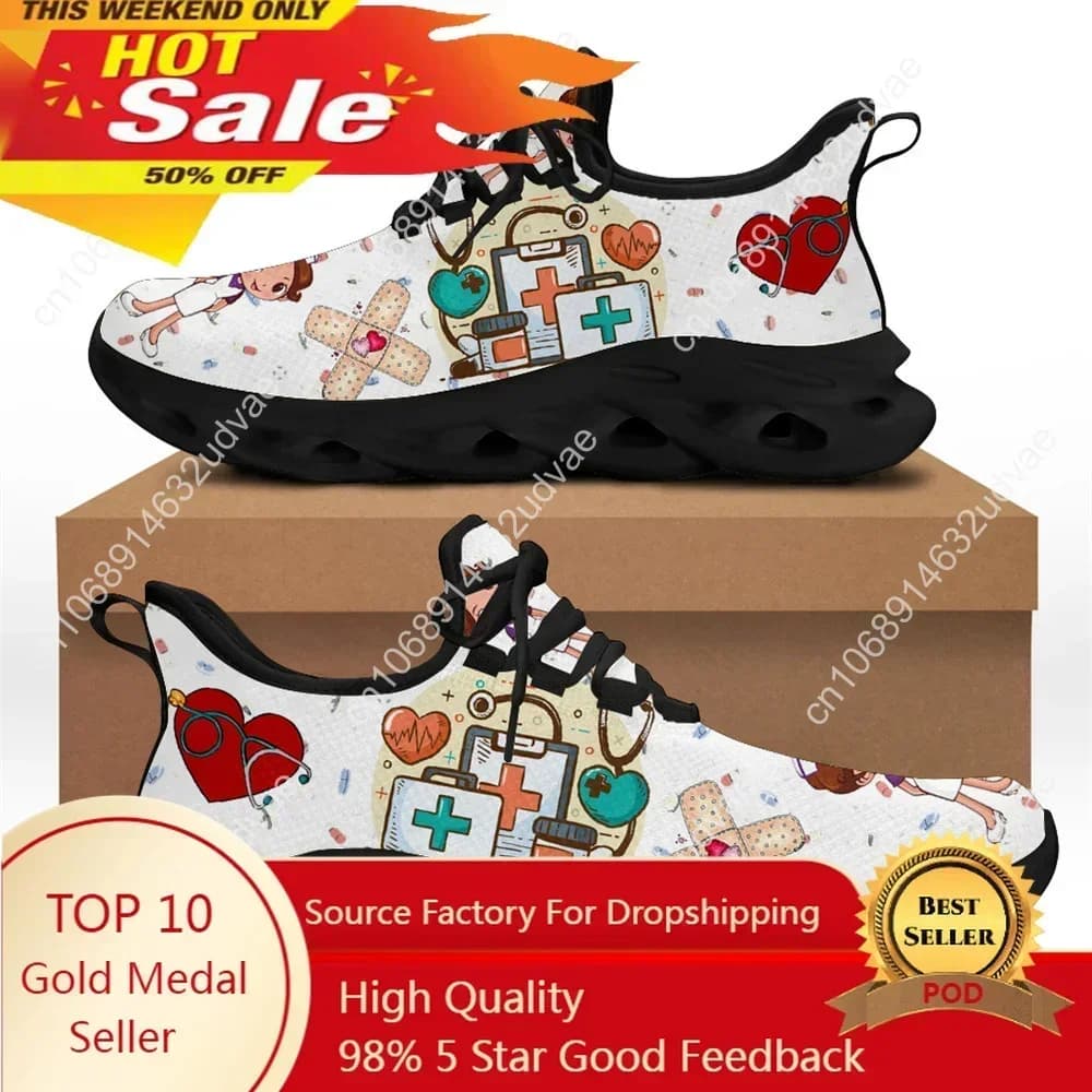 Sneakers da Donna Bianche, Scarpe da Infermiera con Stampa Cartoon, Calzature Leggere con Lacci per Medici e Infermieri, Scarpe Sportive da Corsa per Esterni