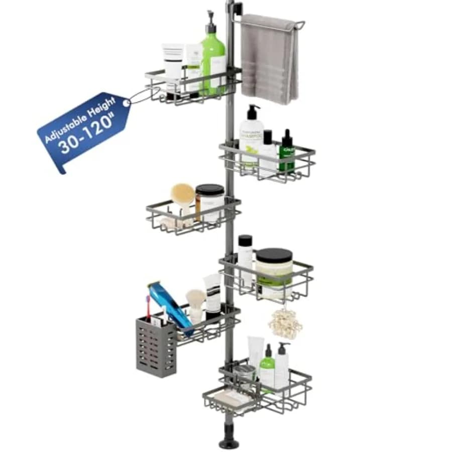Organizzatore Angolare per Doccia con Asta Telescopica Regolabile 30-120 Pollici, Scaffale a 6 Ripiani con Portasciugamani/Portaspazzolino