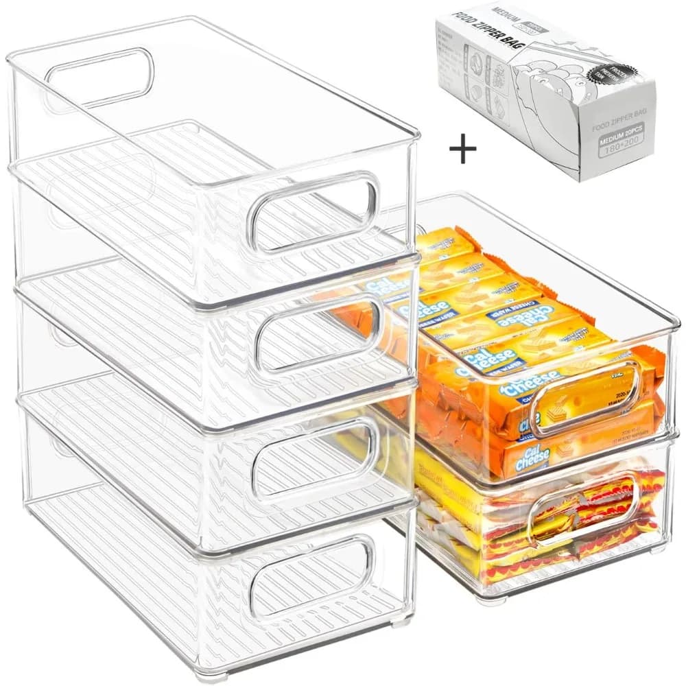 Contenitori organizer impilabili per frigorifero, contenitori trasparenti da cucina con manici, sacchetti sicuri per alimenti, senza BPA, borsa da 10 ", 20 pezzi